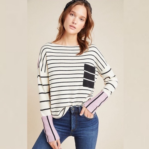 Anthropologie || Faye Striped Boxy Contrast Cuff Sweater Ivory Lavender Small - Picture 1 of 8